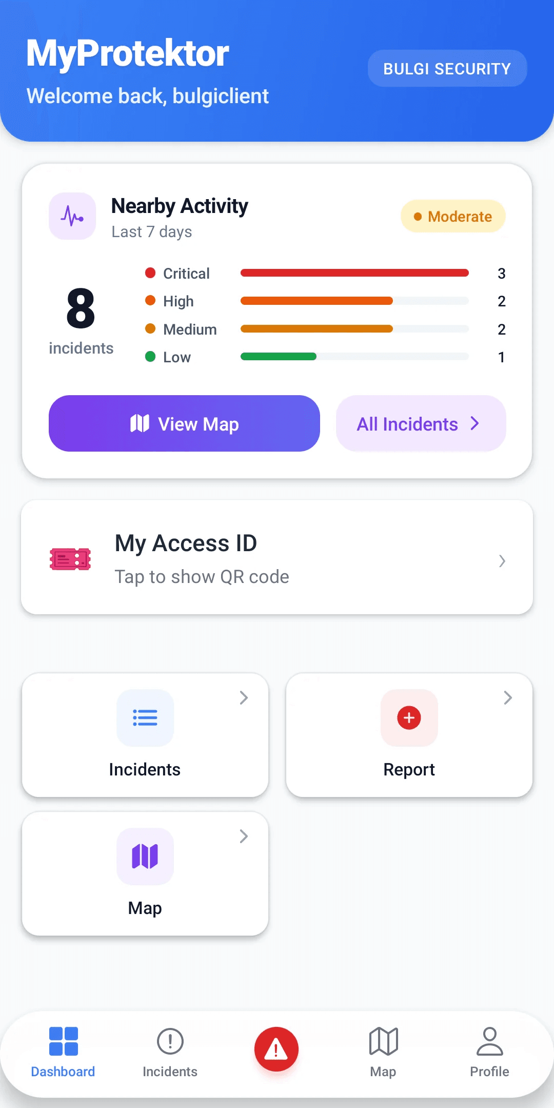 MyProtektor client mobile dashboard showing nearby incidents, status, and quick actions