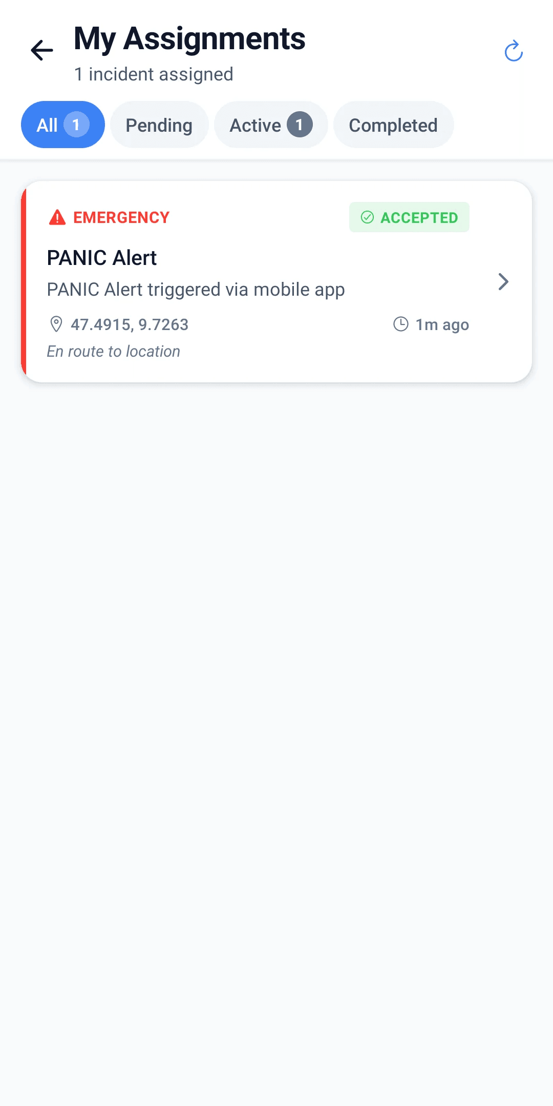 MyProtektor guard mobile app showing active assignments with location and status details