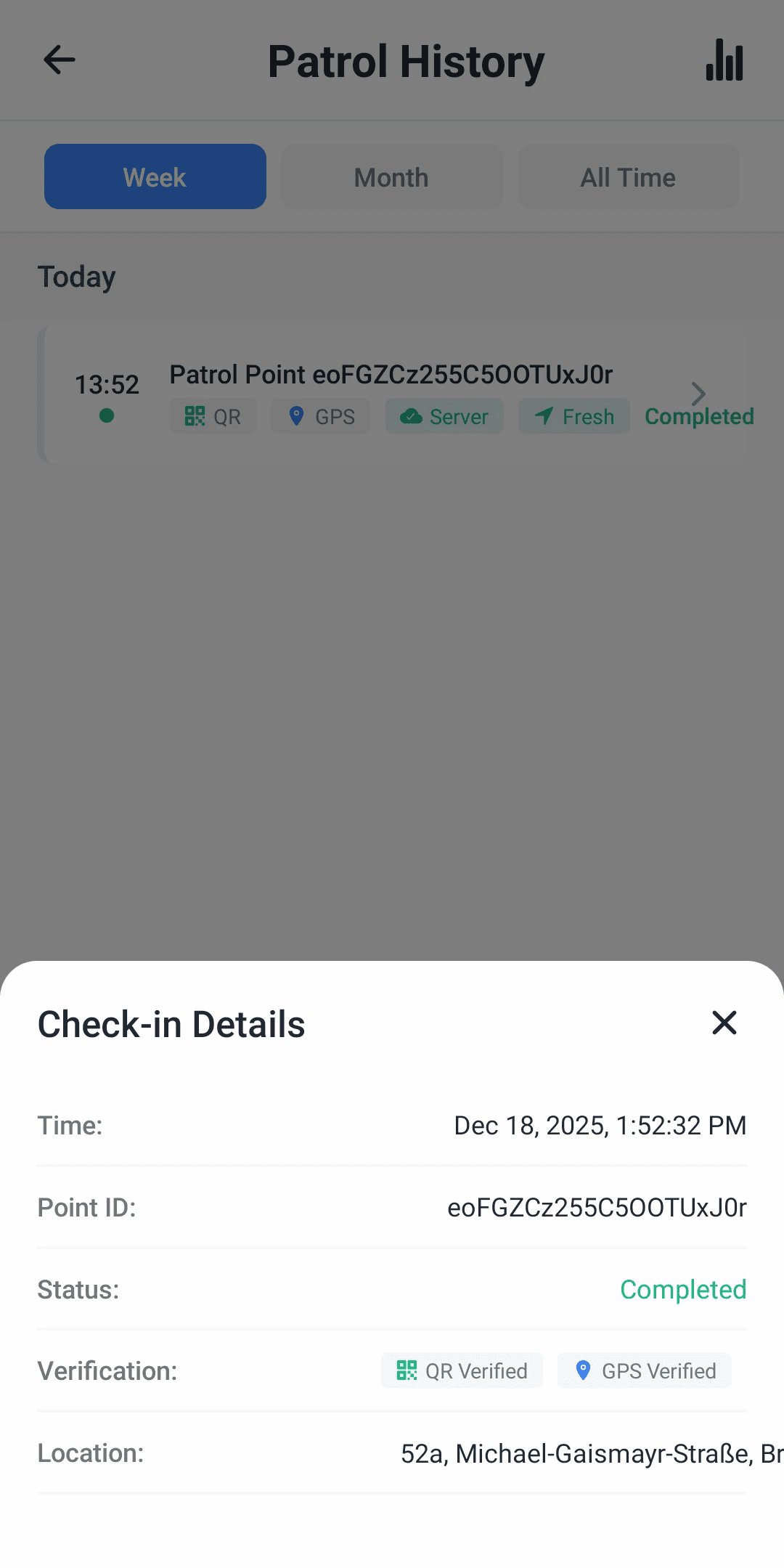 MyProtektor guard mobile app showing patrol history and checkpoint verification on the phone