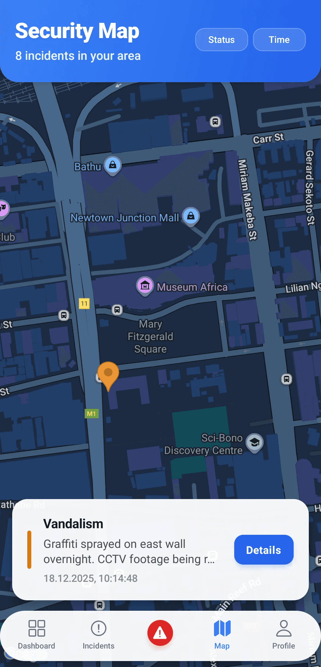 MyProtektor client mobile live map showing published incident activity in the surrounding area