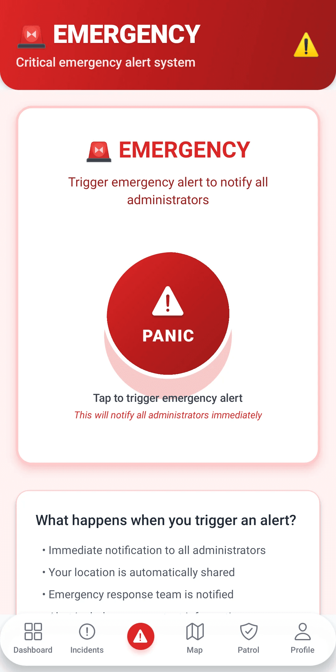 MyProtektor client mobile app showing a one-tap panic alert screen