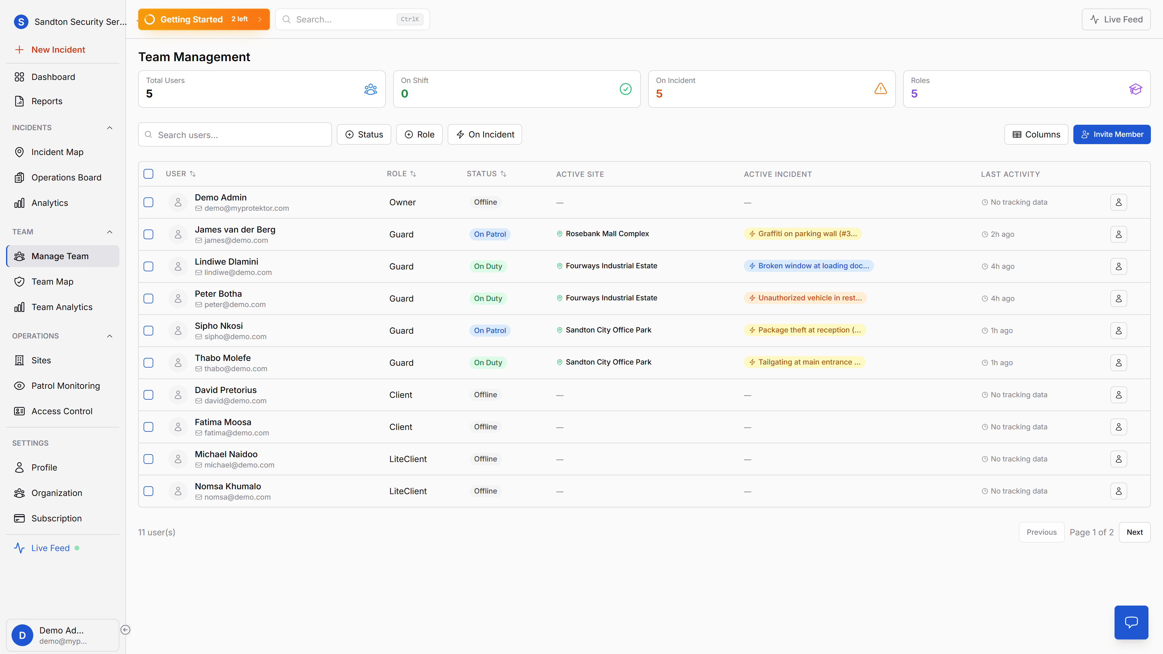 MyProtektor Manage Team, Add, edit, and manage guard profiles with roles, skills, and assignments.