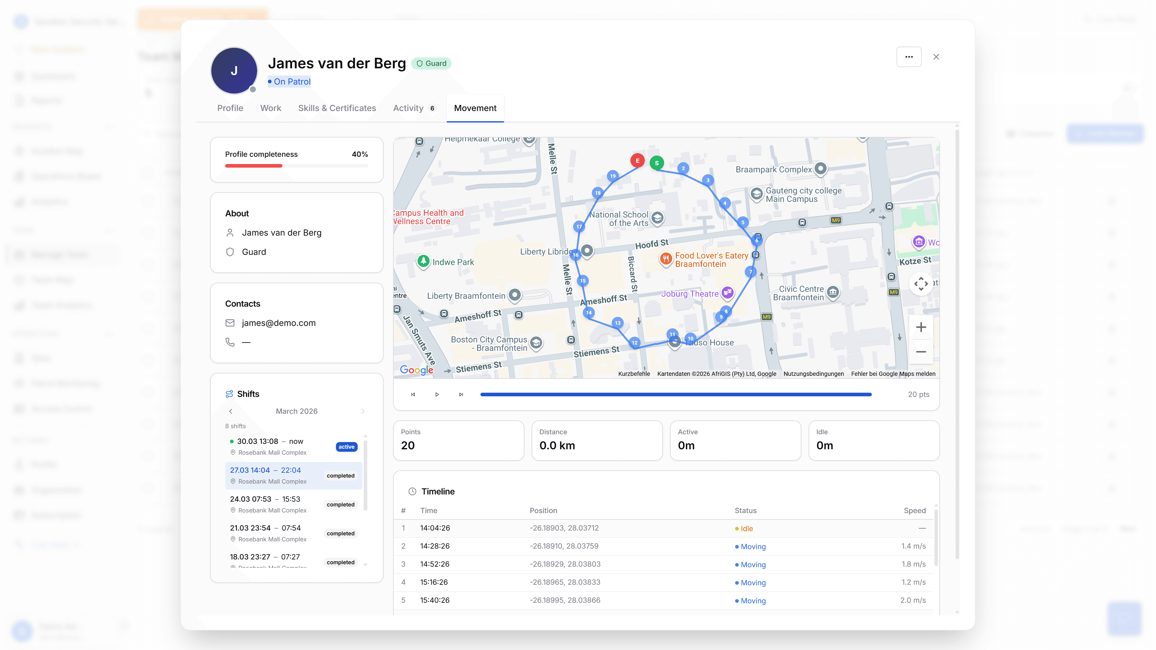 MyProtektor Movement History, GPS movement trails showing exactly where guards patrolled, with timestamps and distance.