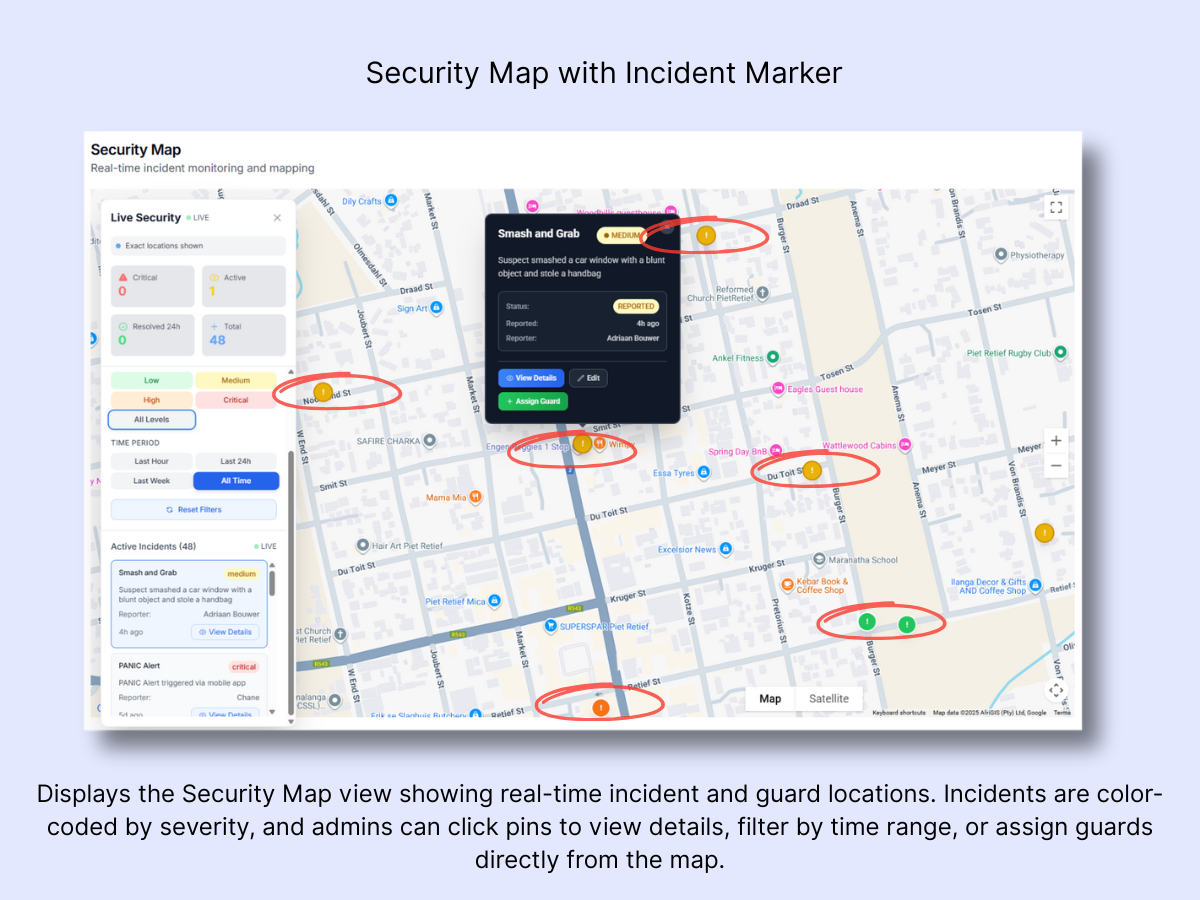 Security map with color-coded incident pins, severity filters, time range options, and incident popup with details