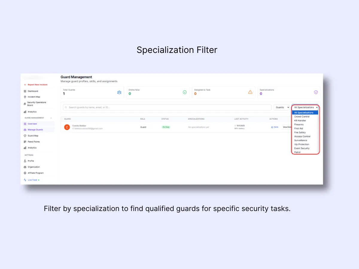 Specialization filter dropdown listing Crowd Control, K9 Handler, Firearms, First Aid, and other skill categories