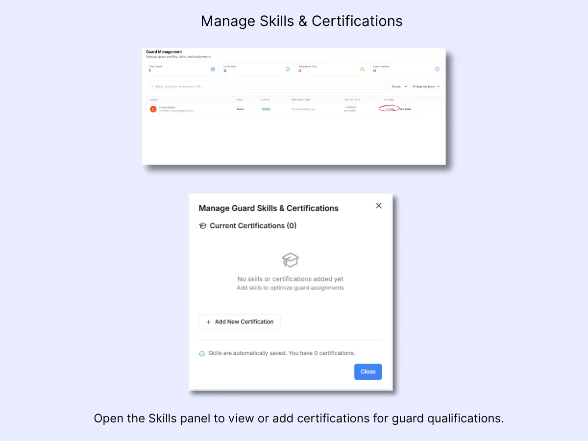 Manage Guard Skills and Certifications dialog showing empty certifications list with Add New Certification button