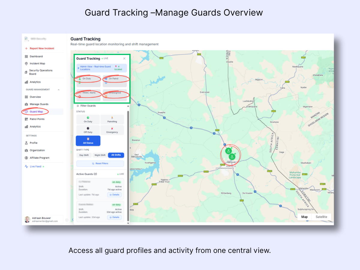 Guard Tracking live view with map, status summary counters, filter options, and active guards list panel