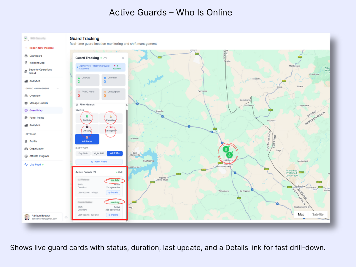 Active Guards list showing guard cards with on-duty status, shift duration, last update time, and Details link