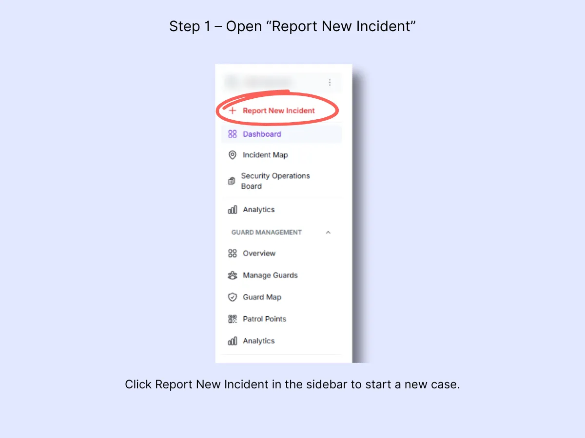 Sidebar navigation with Report New Incident button highlighted at the top of the menu