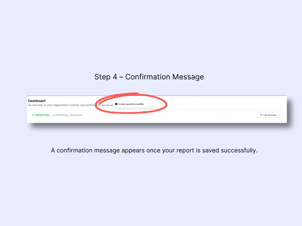 Dashboard header showing Incident reported successfully confirmation toast message after submission