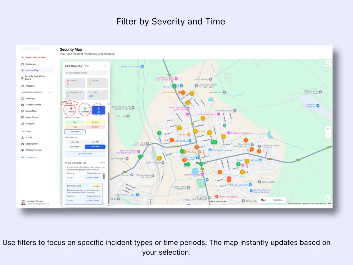 Incident Map with status filter buttons highlighted showing Active, Published, and All toggle options