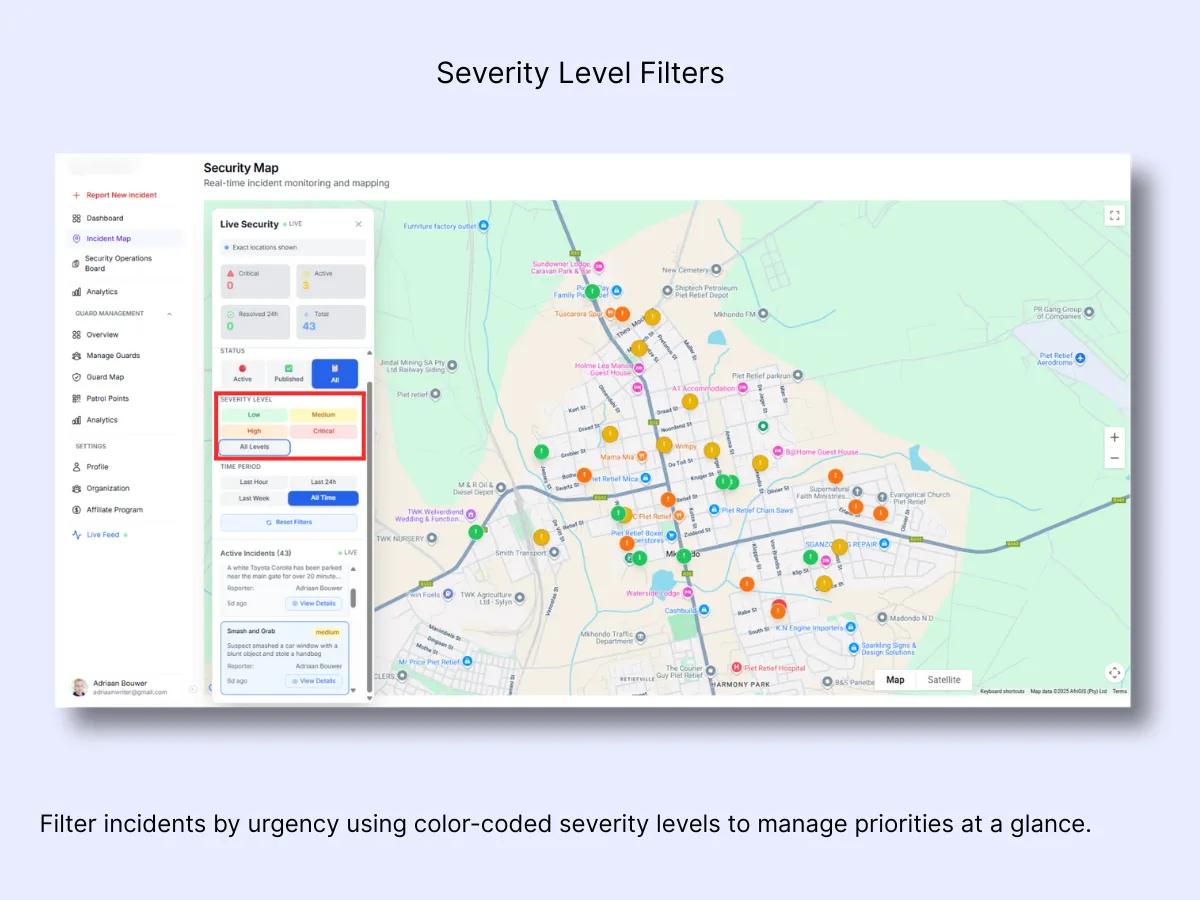 Incident Map with time period filter highlighted showing Last Hour, Last 24h, Last Week, and All Time options