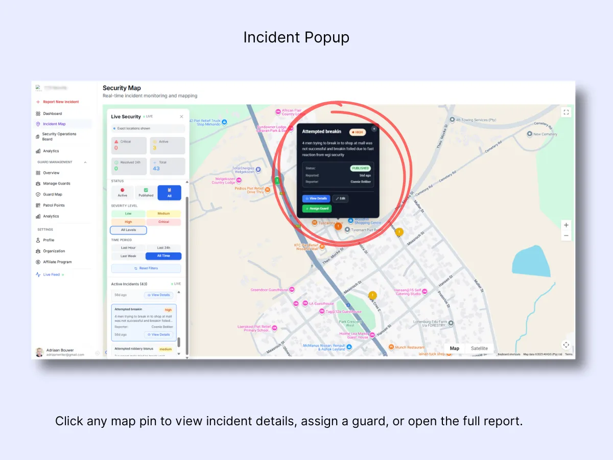 Map pin popup showing incident title, severity, status, reporter, and buttons for View Details, Edit, and Assign Guard