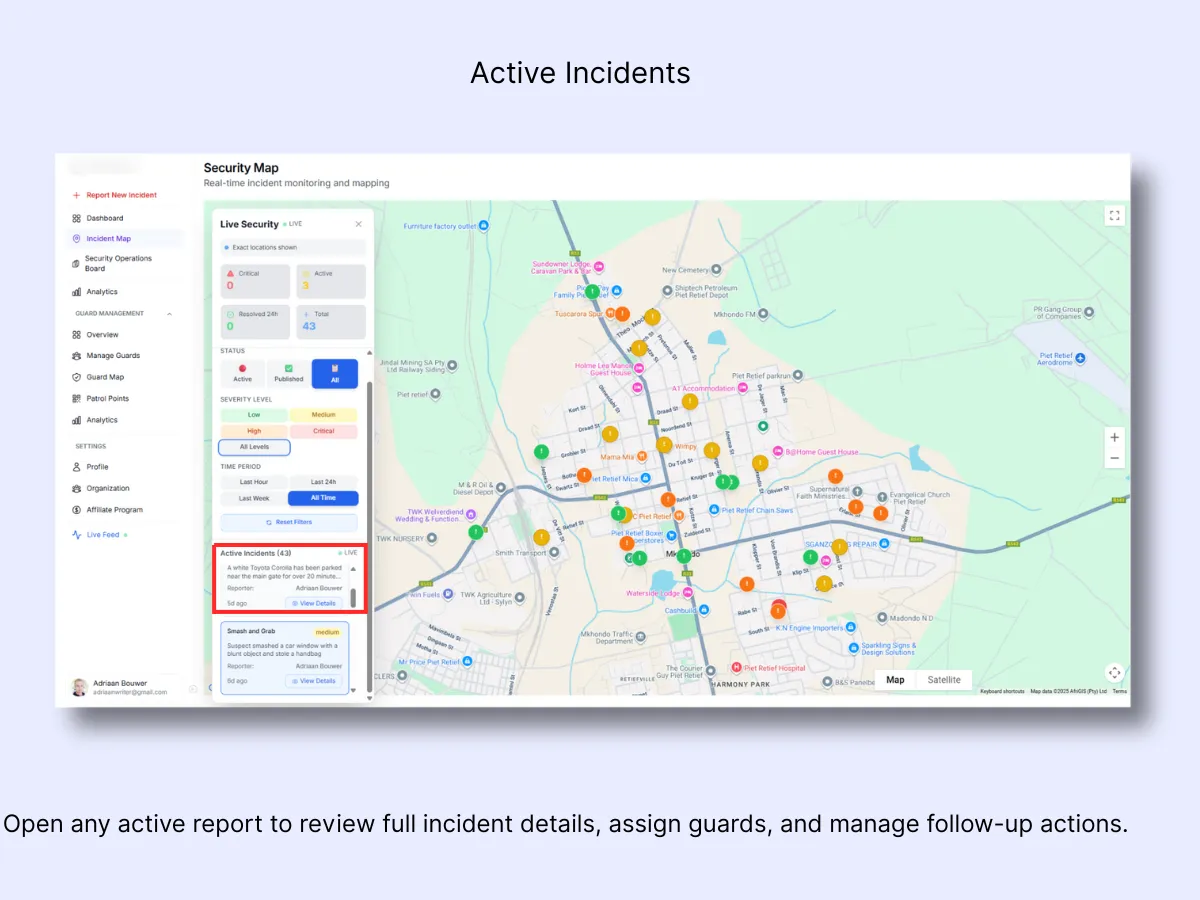 Active Incidents list panel highlighted with incident cards showing title, severity, description, and View Details button