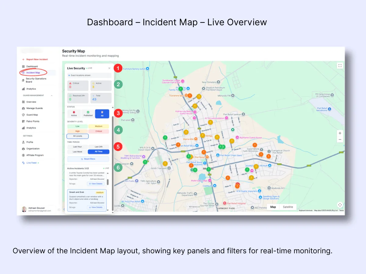Incident Map overview with numbered annotations showing live security panel, counters, status, severity, time filters, and incident list