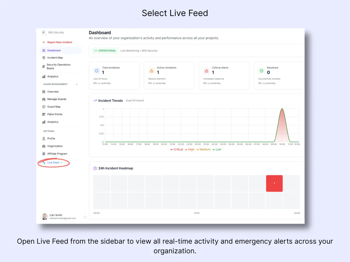 Dashboard sidebar with Live Feed link highlighted and main view showing incident trends and heatmap