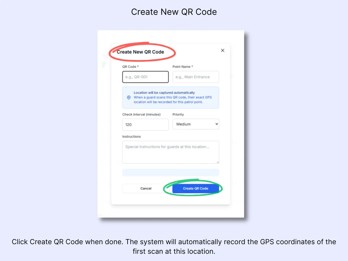 Create New QR Code form with fields for code ID, point name, check interval, priority, and instructions