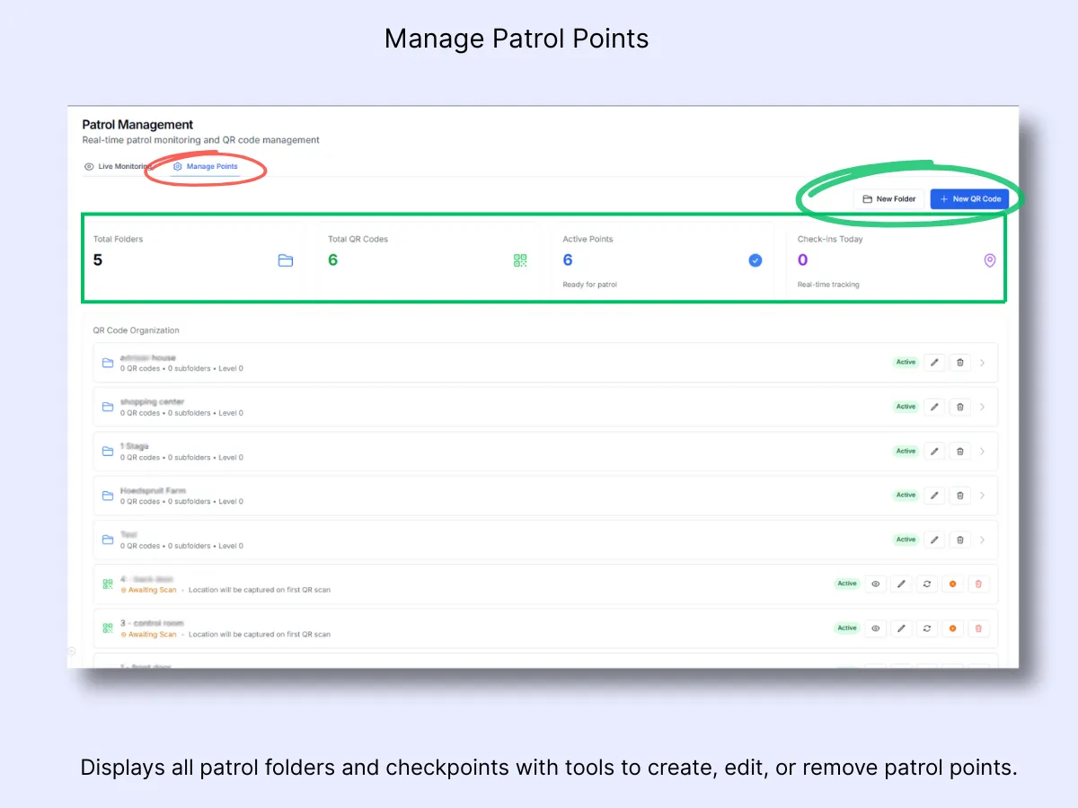 Manage Points tab showing folder list, QR code counters, active points, and New Folder and New QR Code buttons
