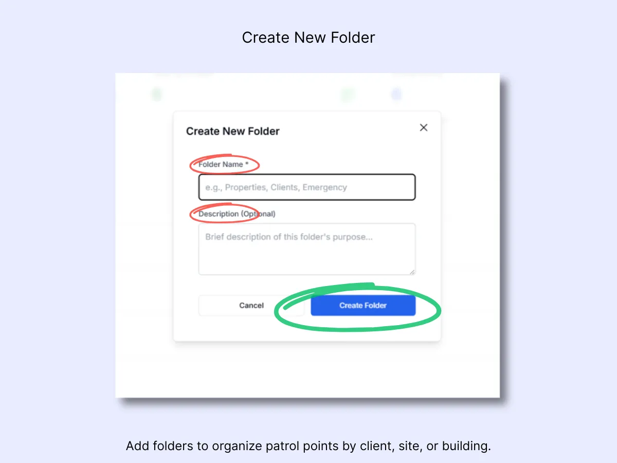 Create New Folder dialog with folder name and optional description fields and Create Folder button