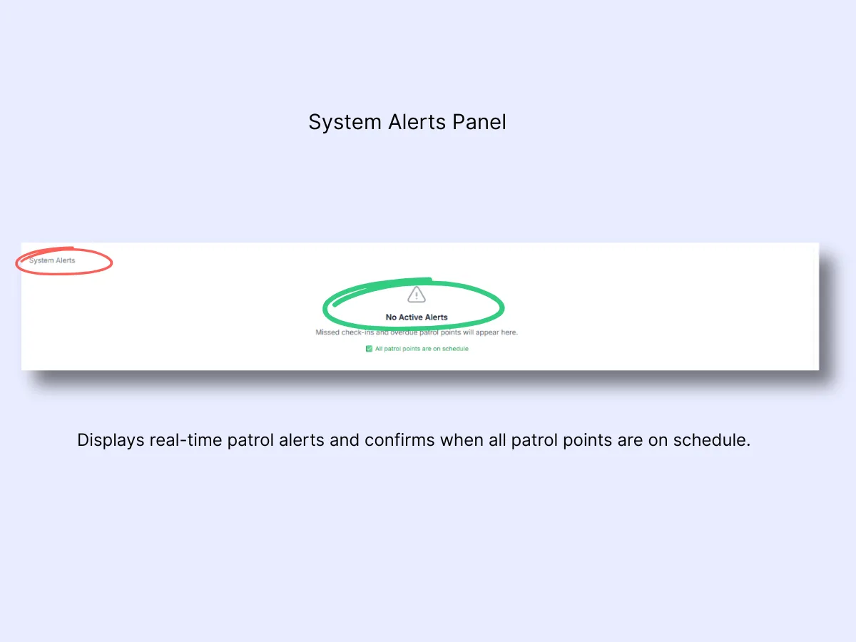 System Alerts panel showing No Active Alerts confirmation with all patrol points on schedule