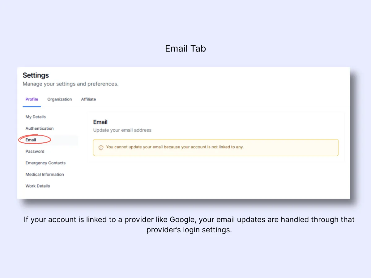 Email settings tab showing notice that email updates are managed through the linked provider account