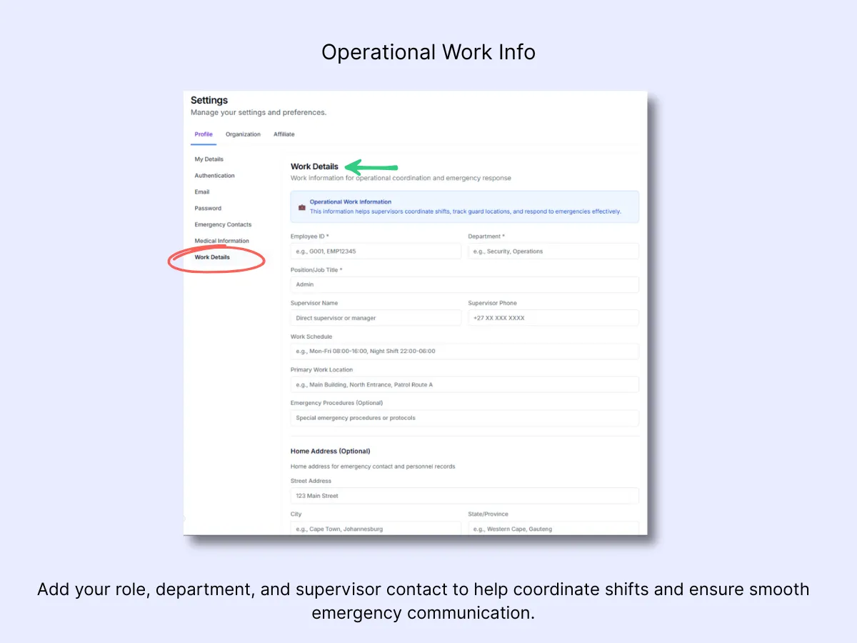 Work Details form with employee ID, department, supervisor, schedule, work location, and home address fields