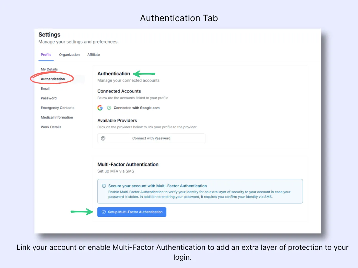Authentication settings showing connected Google account, available providers, and Multi-Factor Authentication setup option