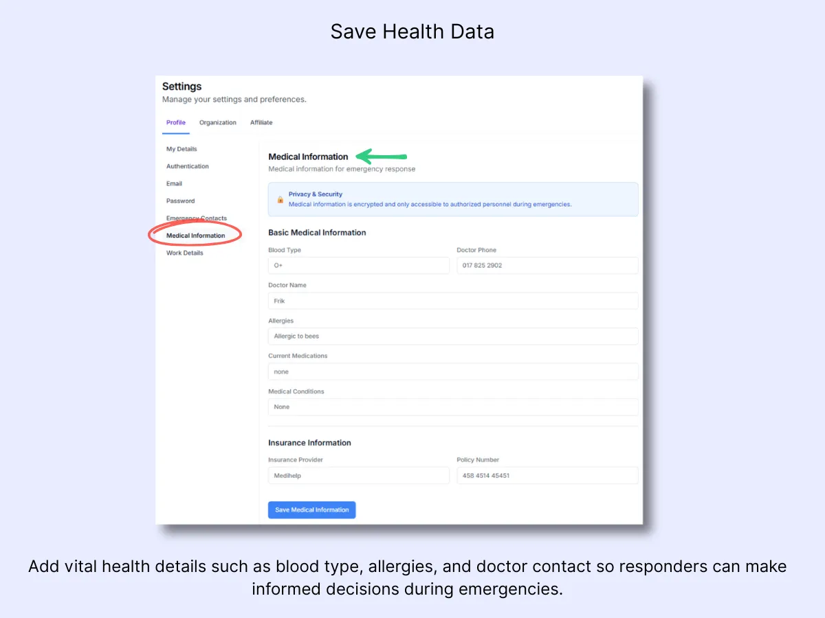 Medical Information form showing blood type, doctor contact, allergies, medications, conditions, and insurance fields