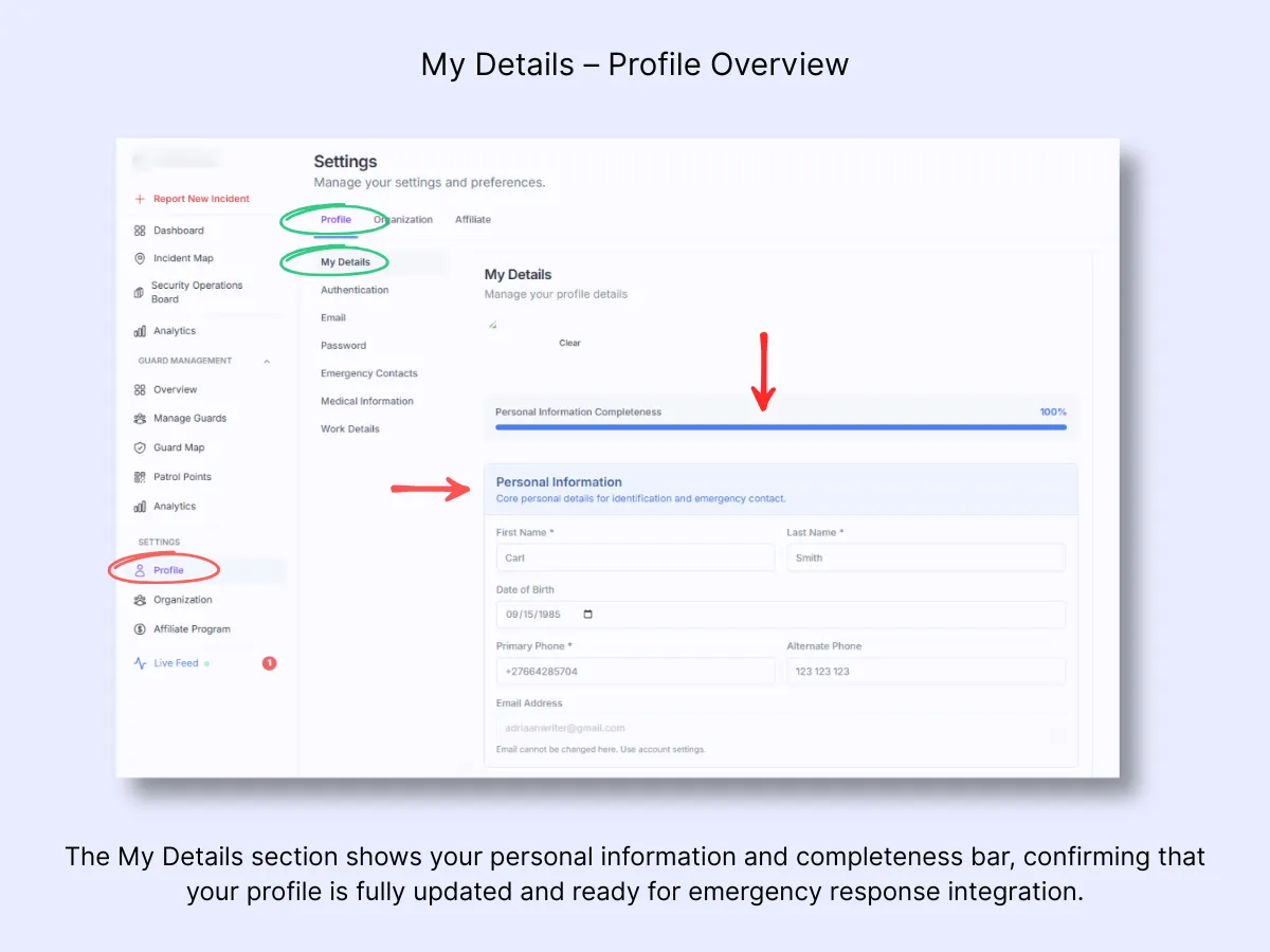 Profile Settings My Details page showing personal information form and 100% completeness progress bar