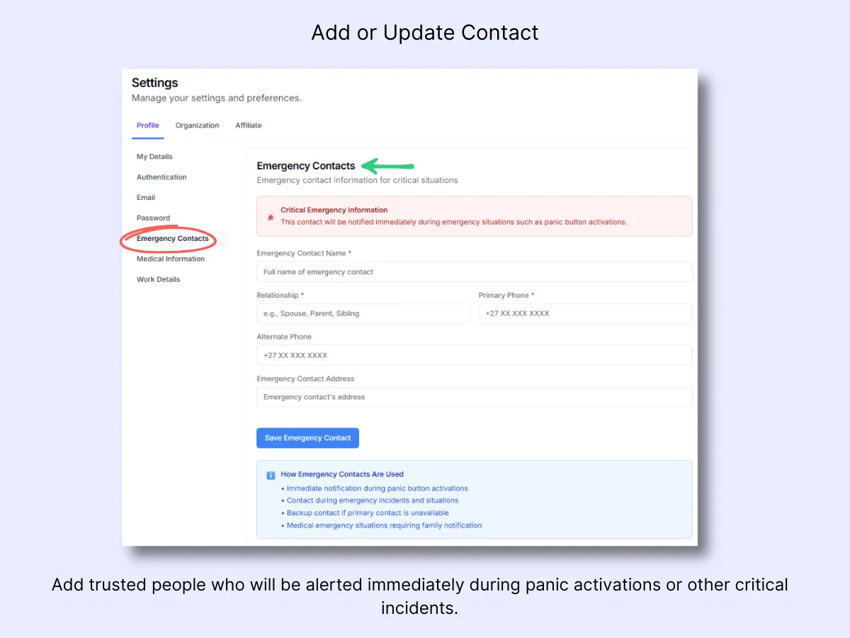 Emergency Contacts form with fields for contact name, relationship, phone numbers, and address