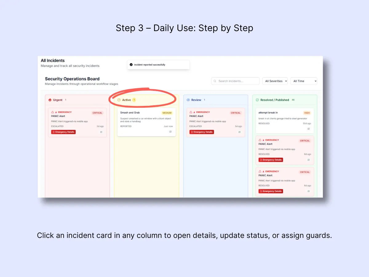 Board columns with Active column highlighted showing a new incident card alongside Urgent and Review columns