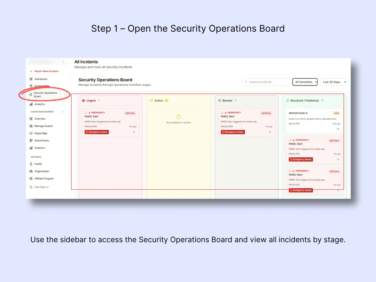 Security Operations Board with four columns: Urgent, Active, Review, and Resolved/Published showing incident cards
