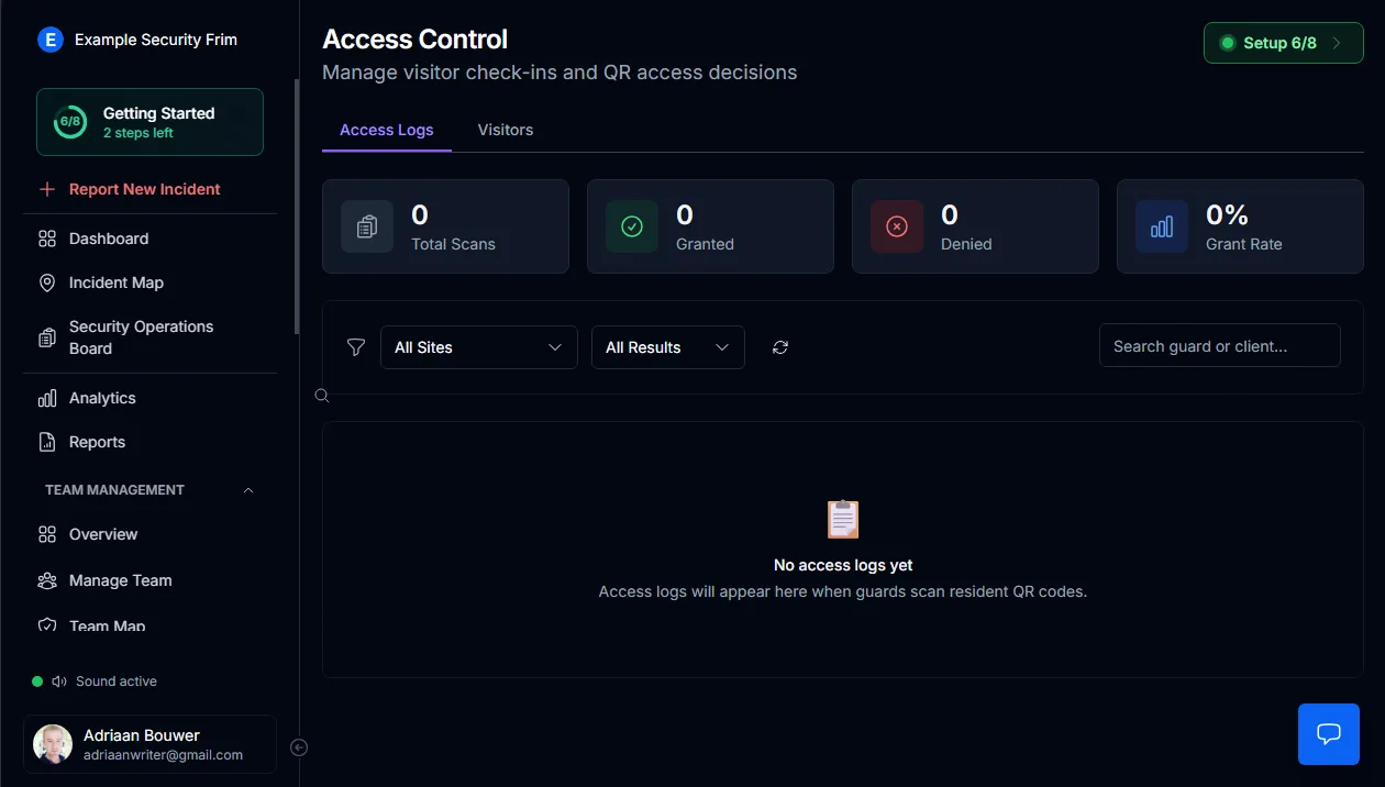 Time-stamped access decision record showing guard, site, and entry verification in MyProtektor