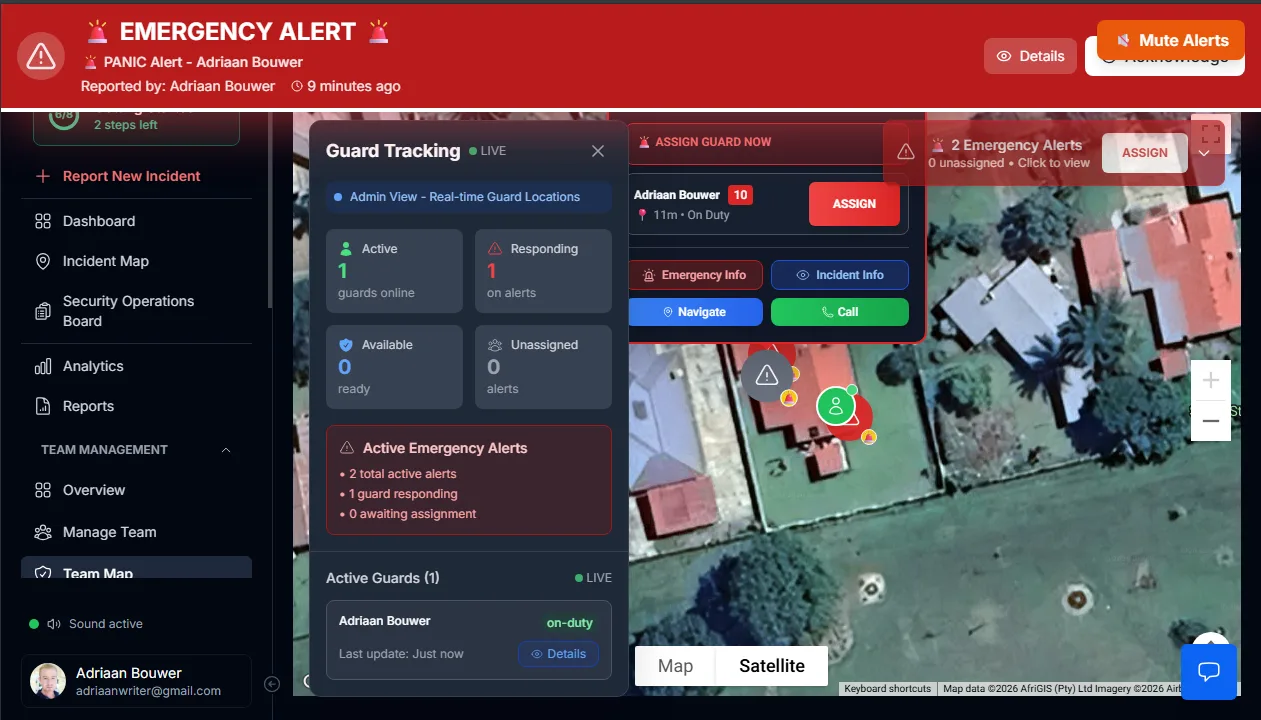 MyProtektor GPS map showing guard locations and nearest responder for incident dispatch