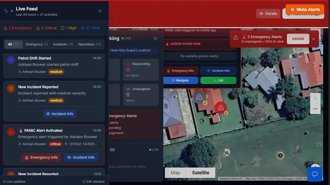 Real-time GPS map with live incident updates and guard position tracking in MyProtektor