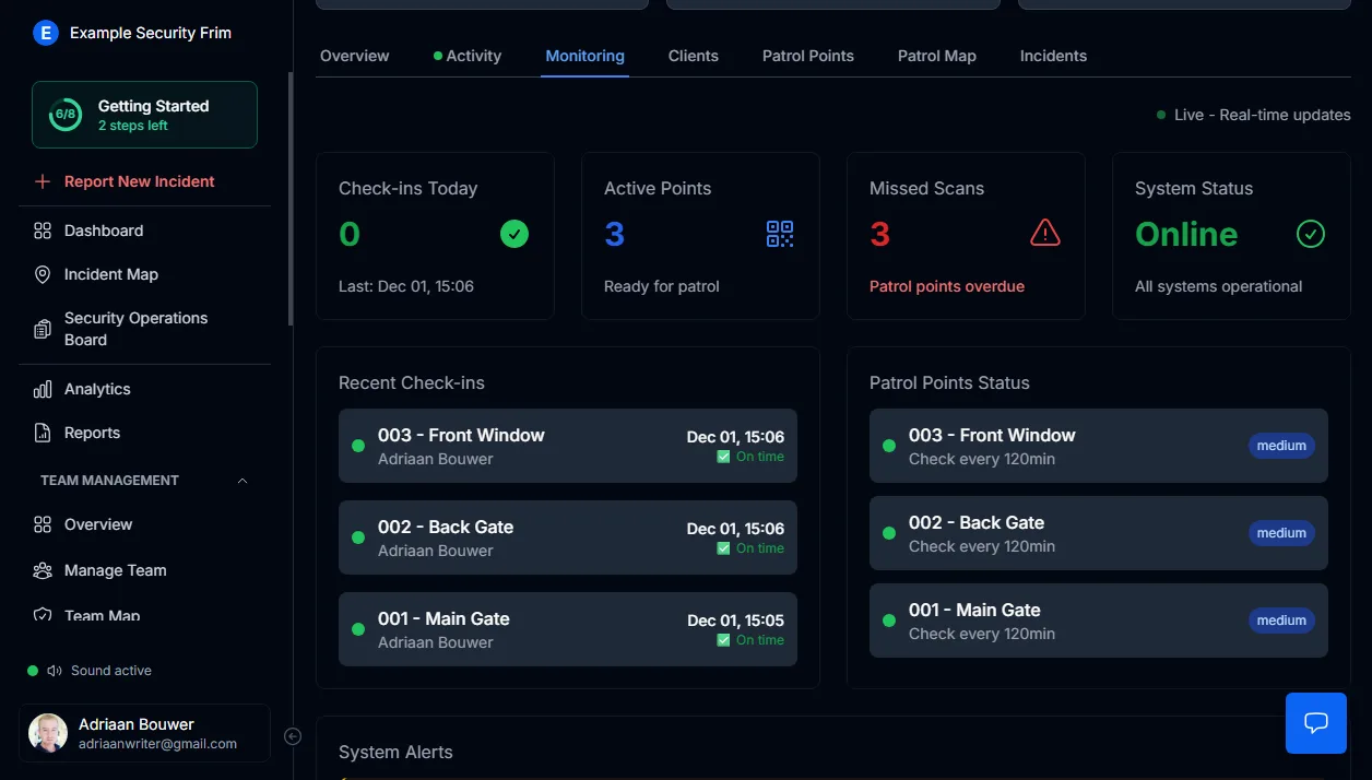 GPS-verified QR patrol checkpoint scan showing time-stamped guard presence at security site in MyProtektor