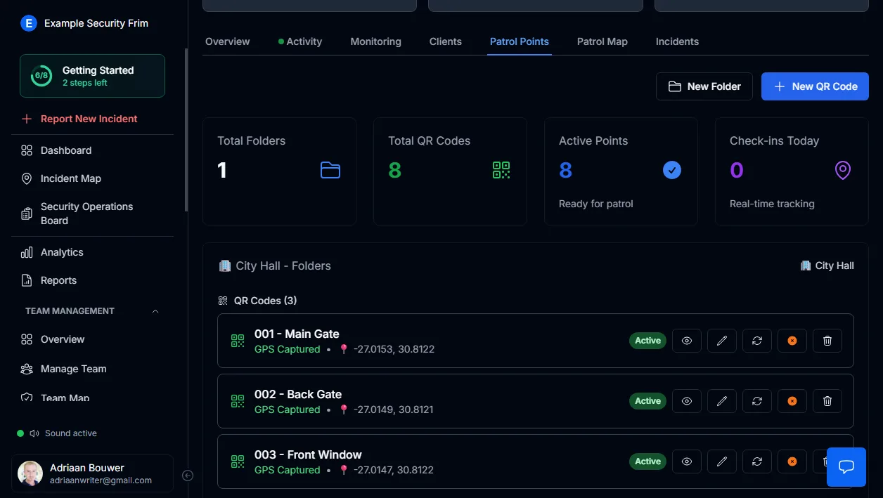 Patrol management dashboard showing completed, missed, and delayed patrols across multiple security sites in MyProtektor