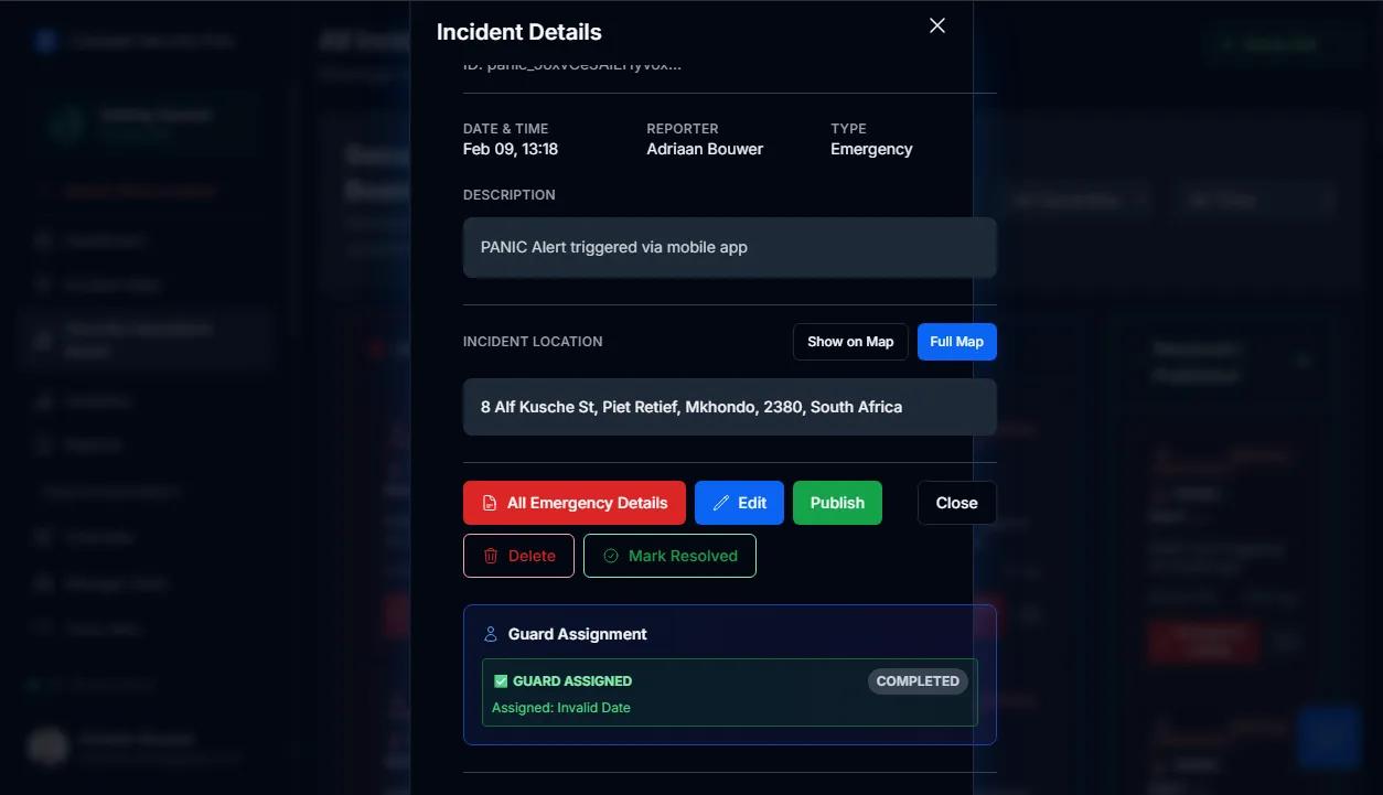 Emergency panic alert with GPS location, device status, and priority timeline in MyProtektor control room