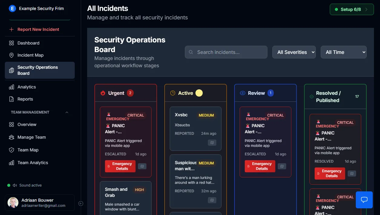 Incident escalation workflow showing status flow from reported to resolved with guard assignment in MyProtektor