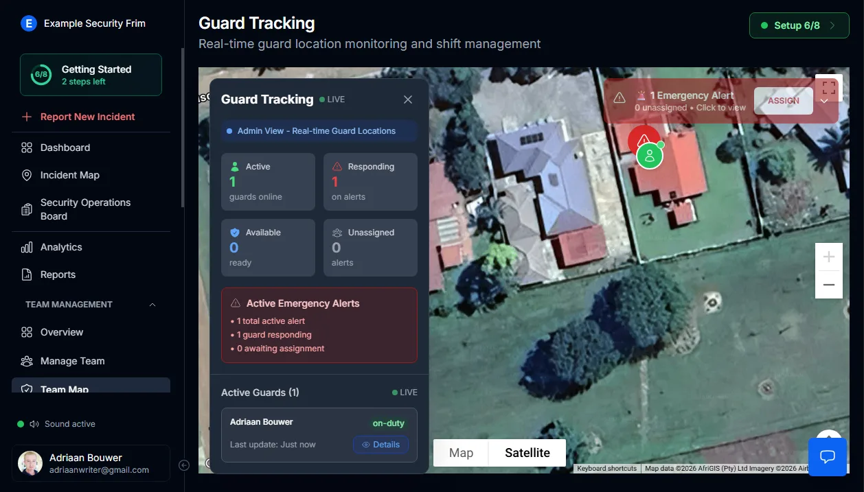 Real-time GPS incident map showing active, critical, and resolved incidents across security sites in MyProtektor