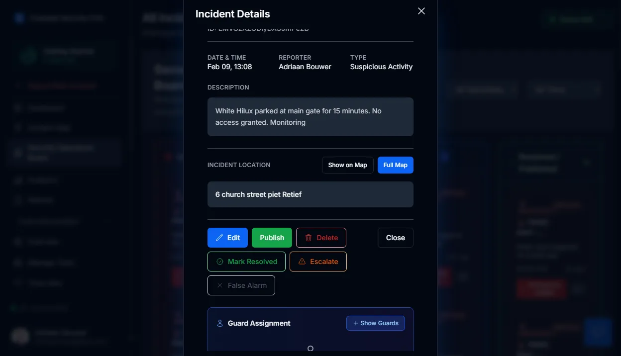 Role-based permission settings showing restricted actions for guards, admins, and clients in MyProtektor