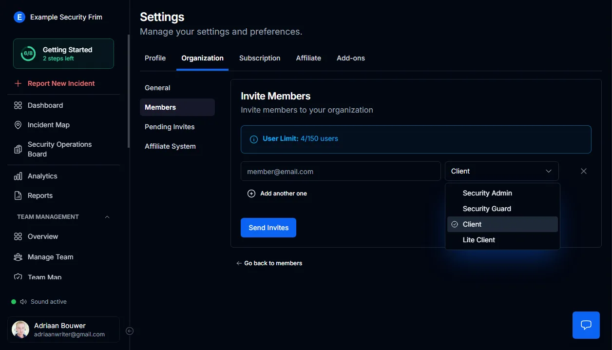 Audit trail showing role assignments linked to shift records and last activity timestamps in MyProtektor