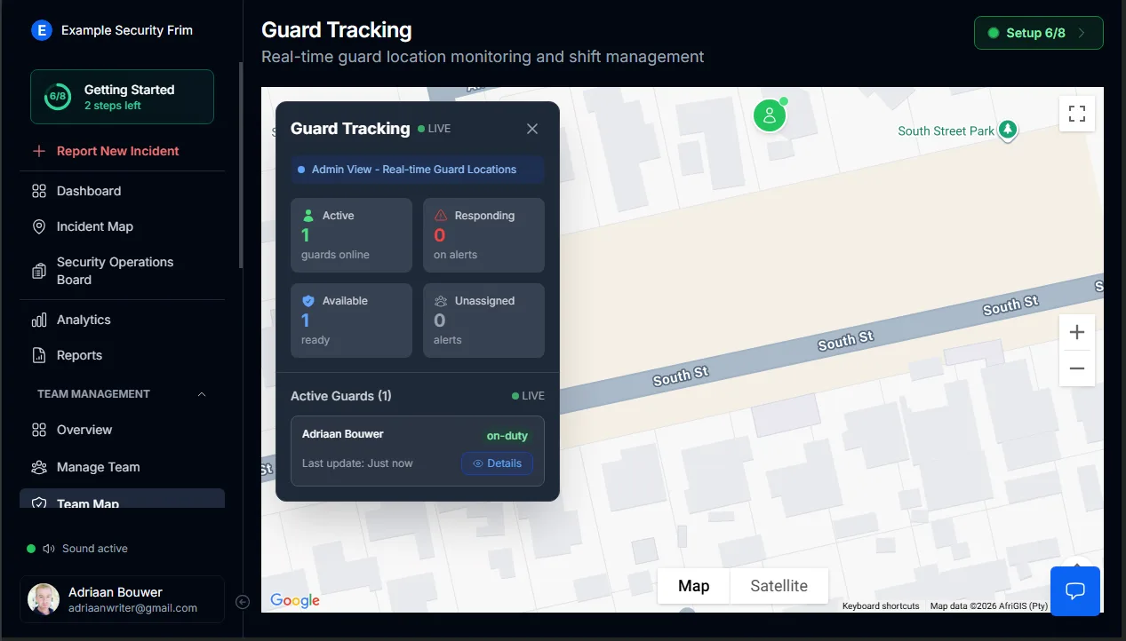 Incident accountability view showing which guards were on duty and who responded during emergency in MyProtektor